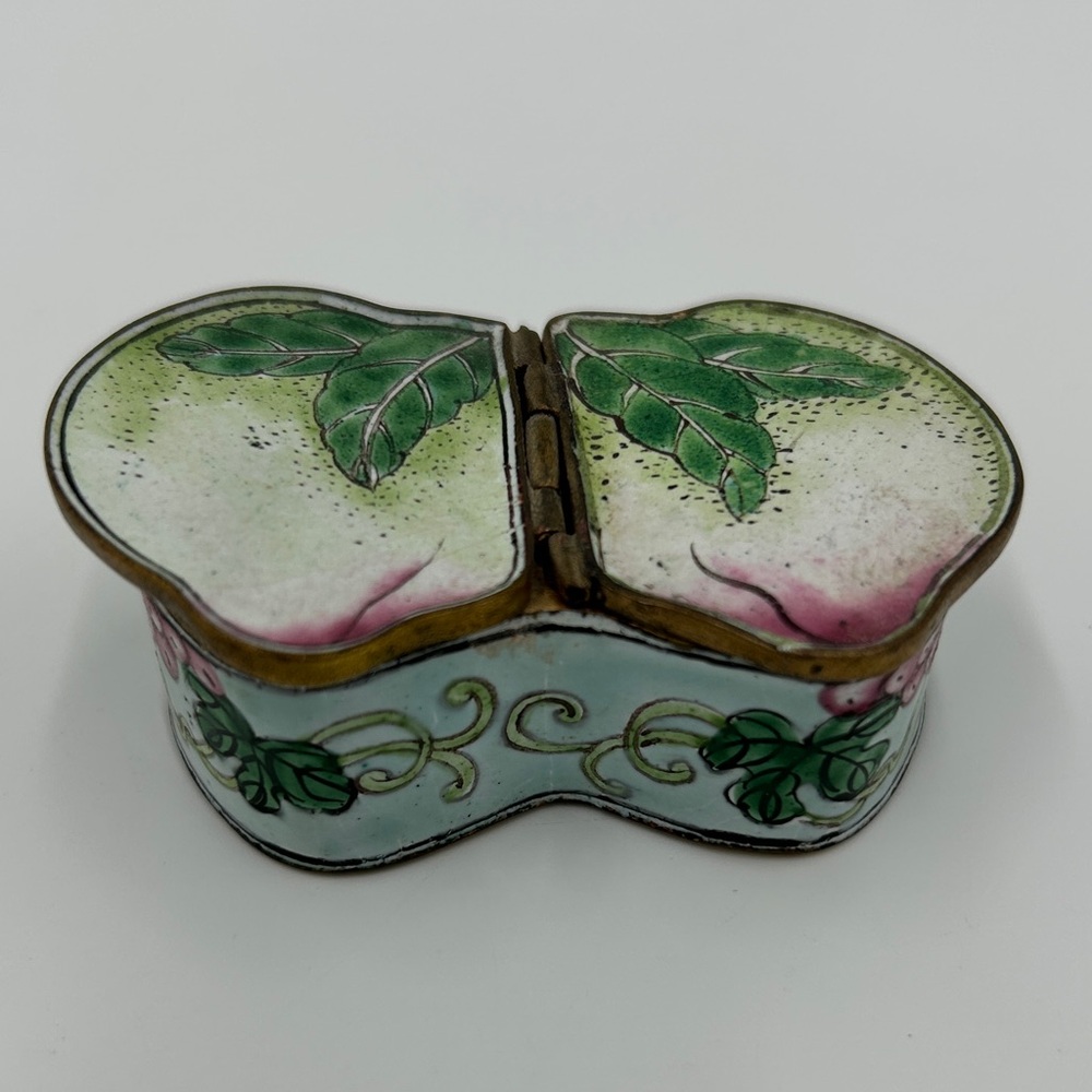 Vintage Enamel Floral Trinket Box Unique Copper Double Sided Hinged Pill Box